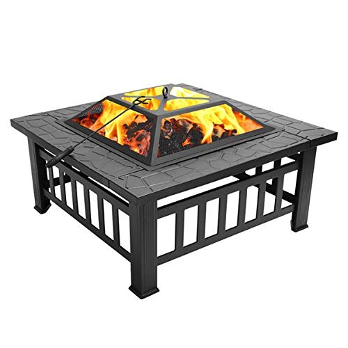 32in Wood Fire Pit with Mesh Lid and Fire Poker A89037