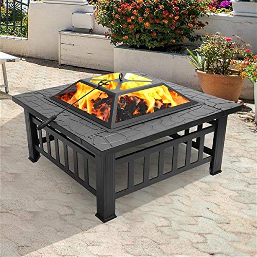 32in Wood Fire Pit with Mesh Lid and Fire Poker A89037