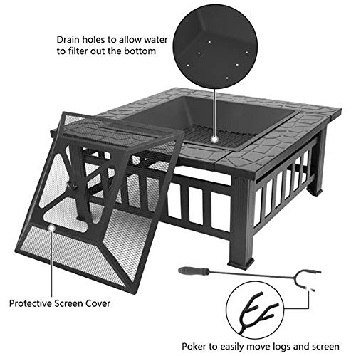 32in Wood Fire Pit with Mesh Lid and Fire Poker A89037