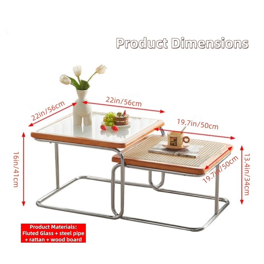Set of 2 Square Nesting Coffee Tables Rattan Tempered Glass Brown L5889