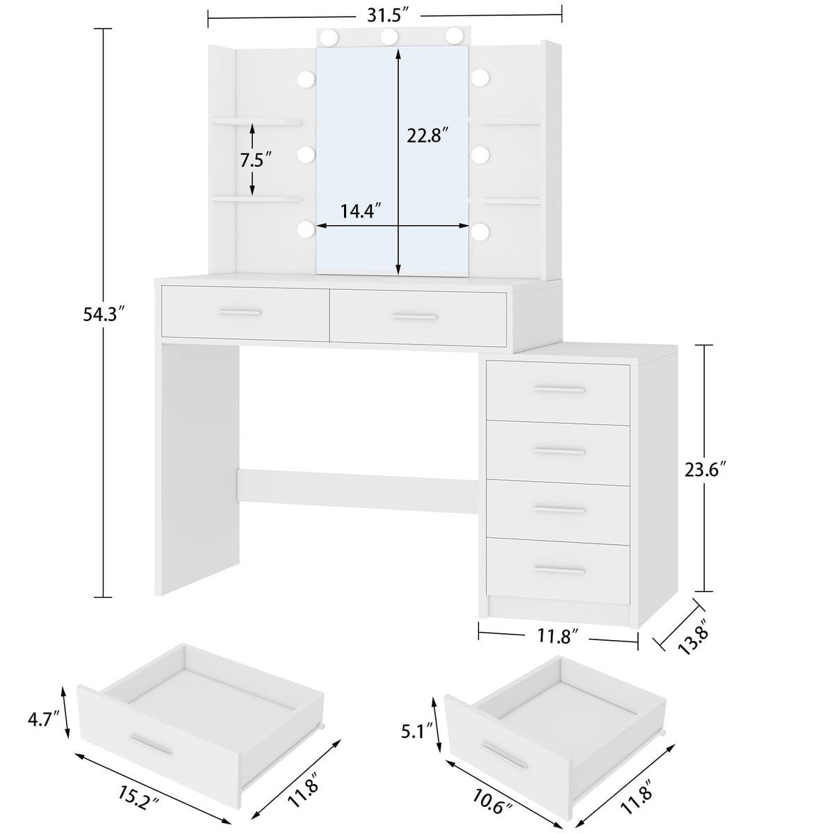 41.3" White Vanity Desk with Mirror and 9 LED Lights T49386