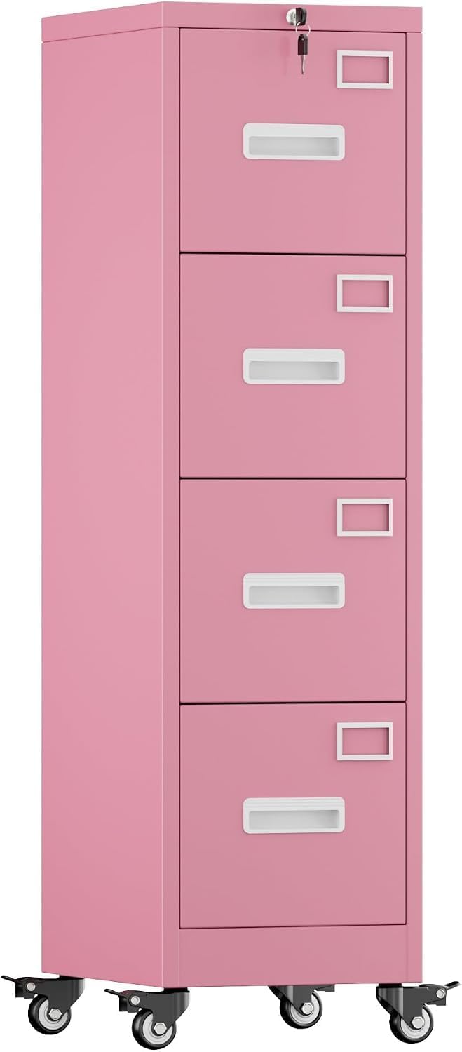 Pink 4-Drawer Metal File Cabinet with Lock and Wheels J4173