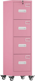 Pink 4-Drawer Metal File Cabinet with Lock and Wheels J4173
