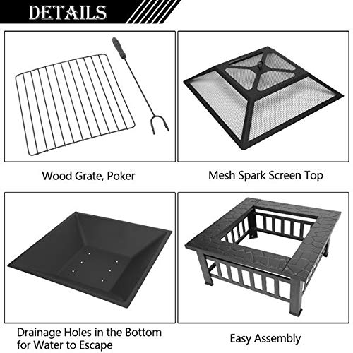 32in Wood Fire Pit with Mesh Lid and Fire Poker A89037