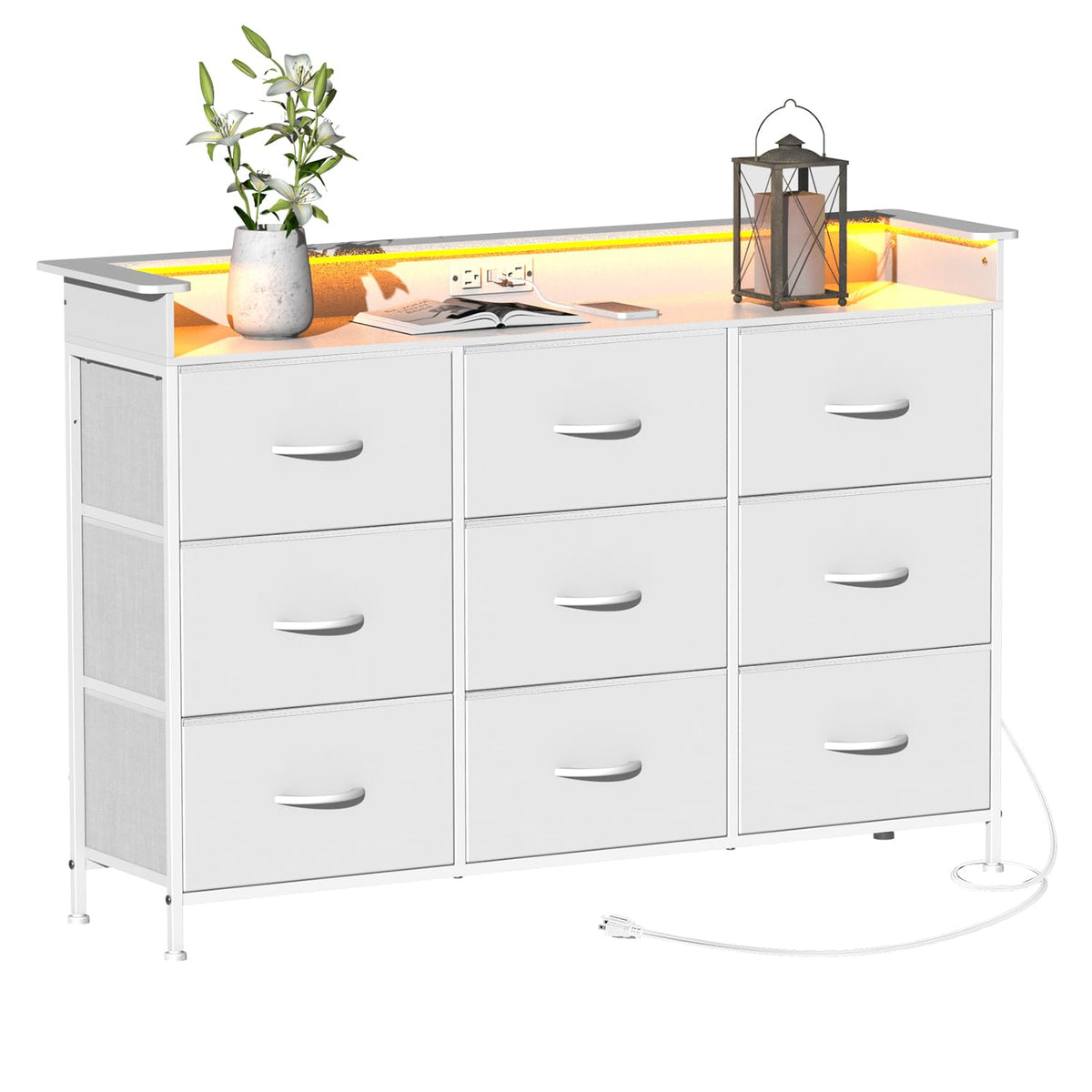 White 9 Drawer Dresser with LED Light and Charging Station O5162