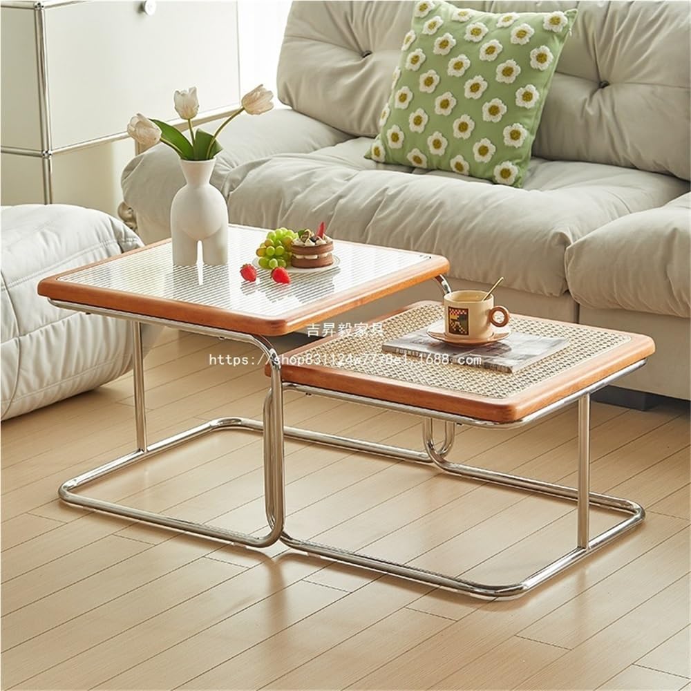 Set of 2 Square Nesting Coffee Tables Rattan Tempered Glass Brown L5889