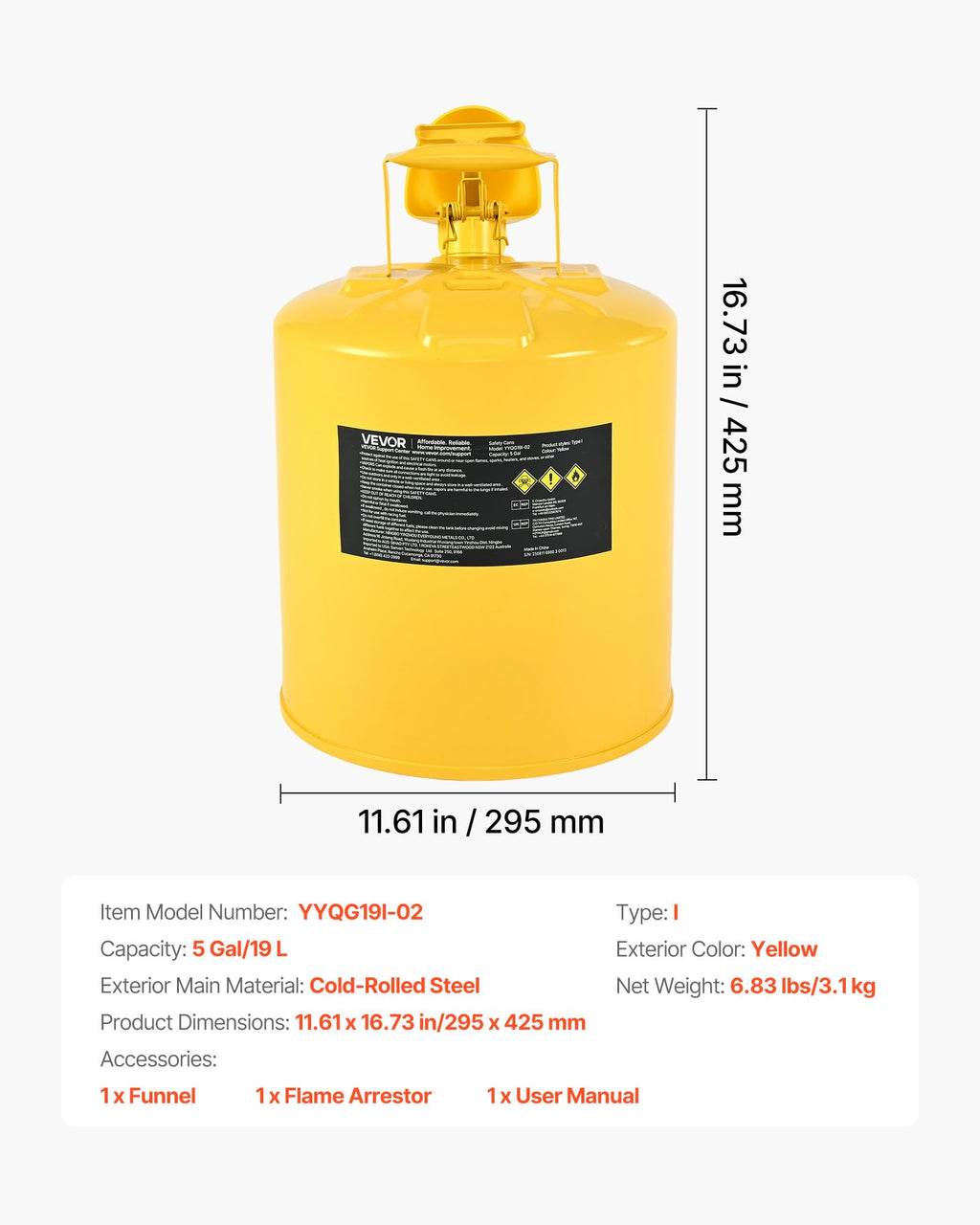 5 Gallon Type I Yellow Metal Container with Flame Arrester H47678