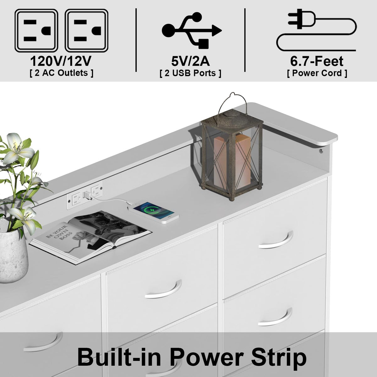 White 9 Drawer Dresser with LED Light and Charging Station O5162