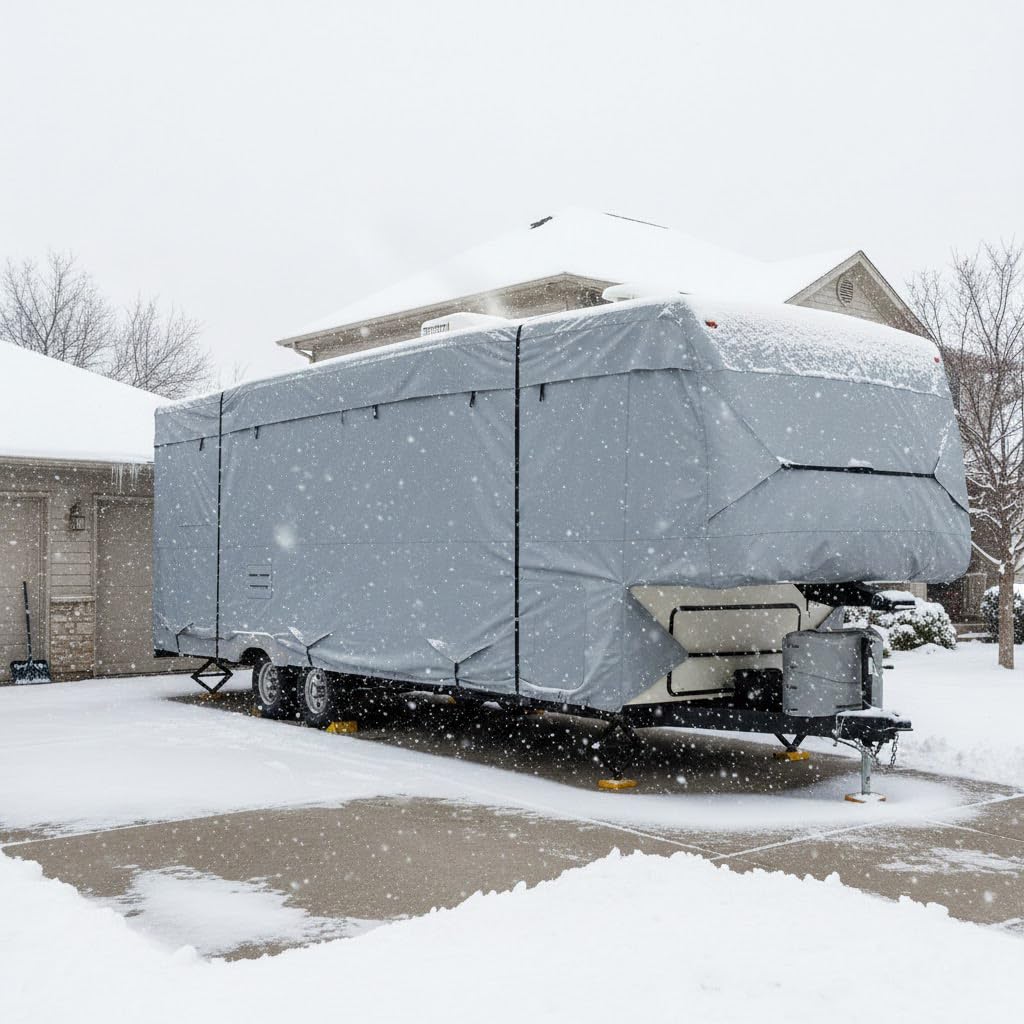 5th Wheel RV Trailer Cover 5 Layers with Windproof Side-Straps Heavy Duty 24' - 26' J901257