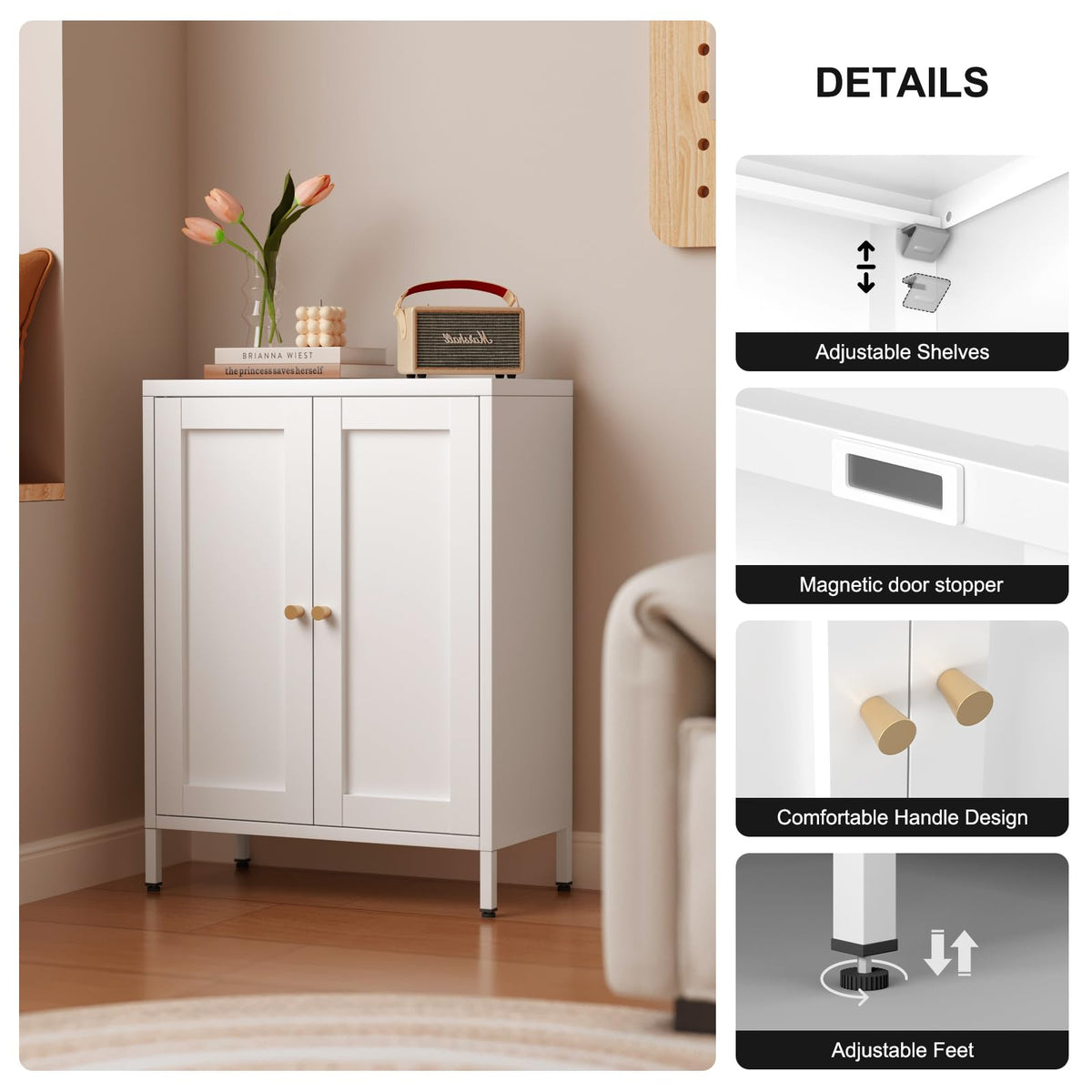 White Metal Bathroom Floor Storage Cabinet with 2 Doors W21109