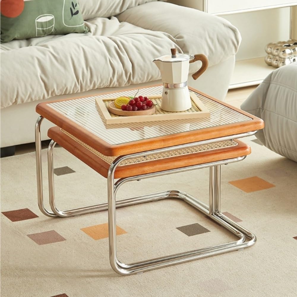Set of 2 Square Nesting Coffee Tables Rattan Tempered Glass Brown L5889