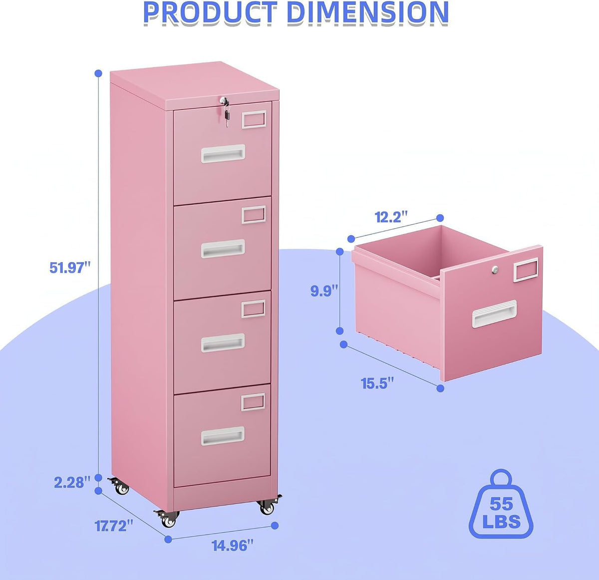 Pink 4-Drawer Metal File Cabinet with Lock and Wheels J4173