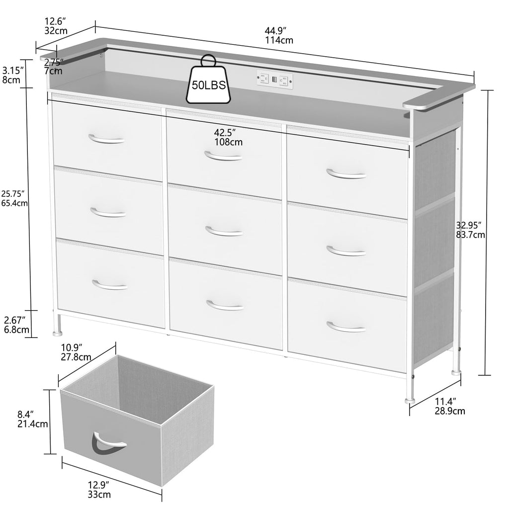 White 9 Drawer Dresser with LED Light and Charging Station O5162