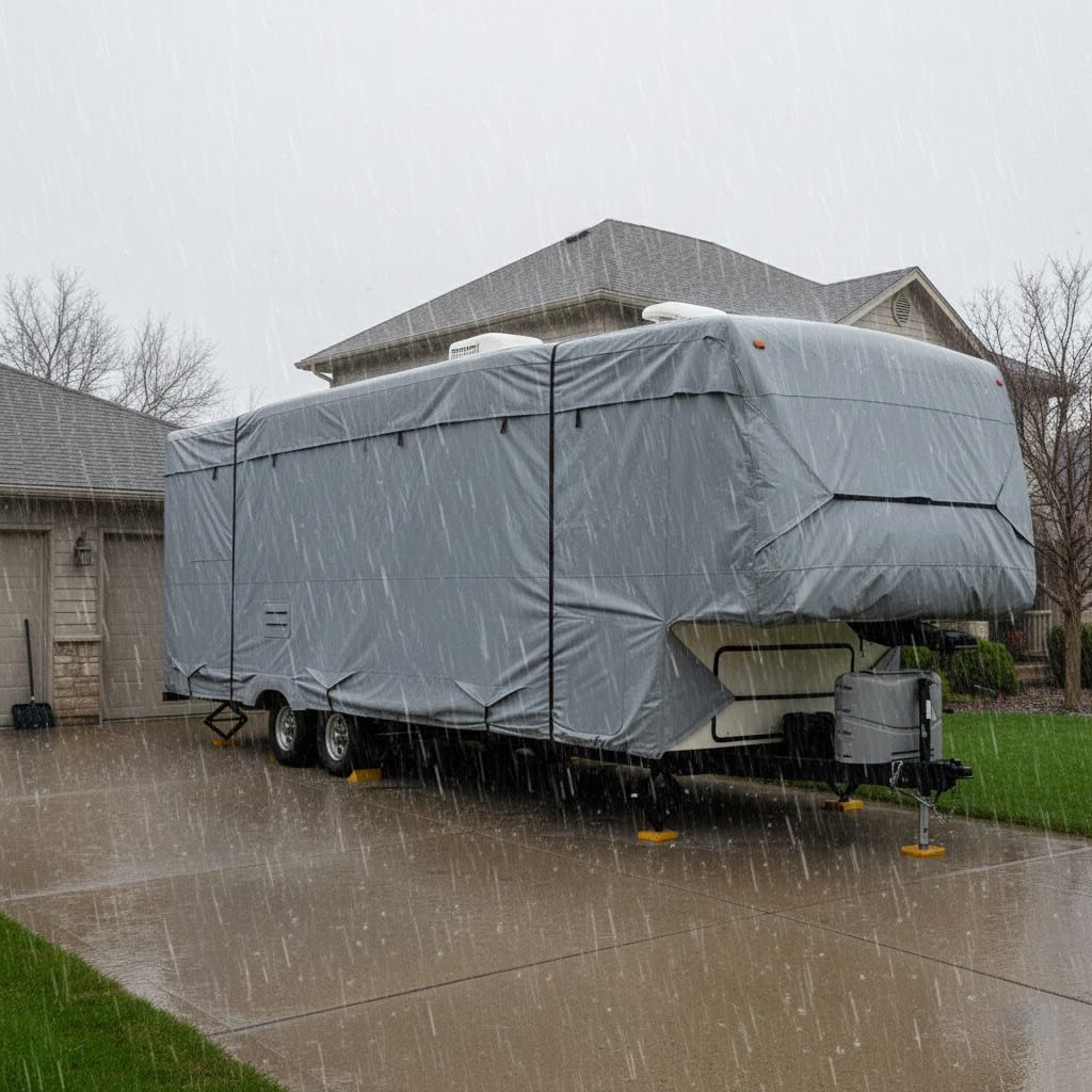 5th Wheel RV Trailer Cover 5 Layers with Windproof Side-Straps Heavy Duty 24' - 26' J901257
