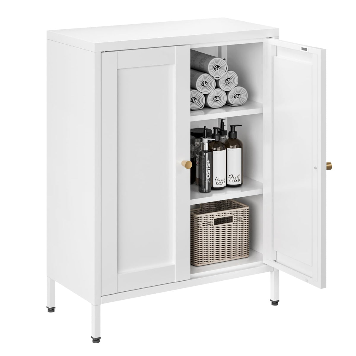 White Metal Bathroom Floor Storage Cabinet with 2 Doors W21109