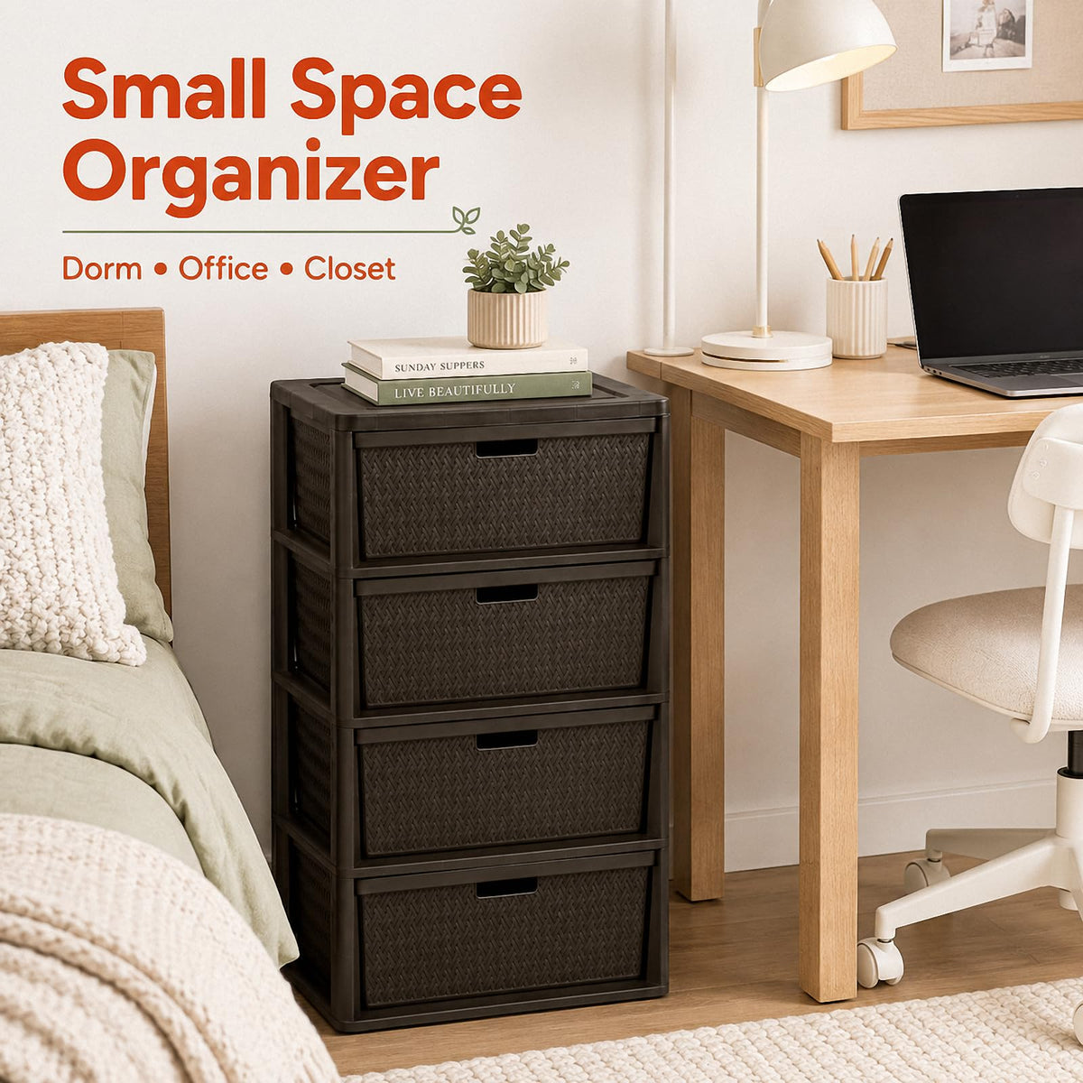 Brown 4 Drawer Plastic Storage Tower M79852