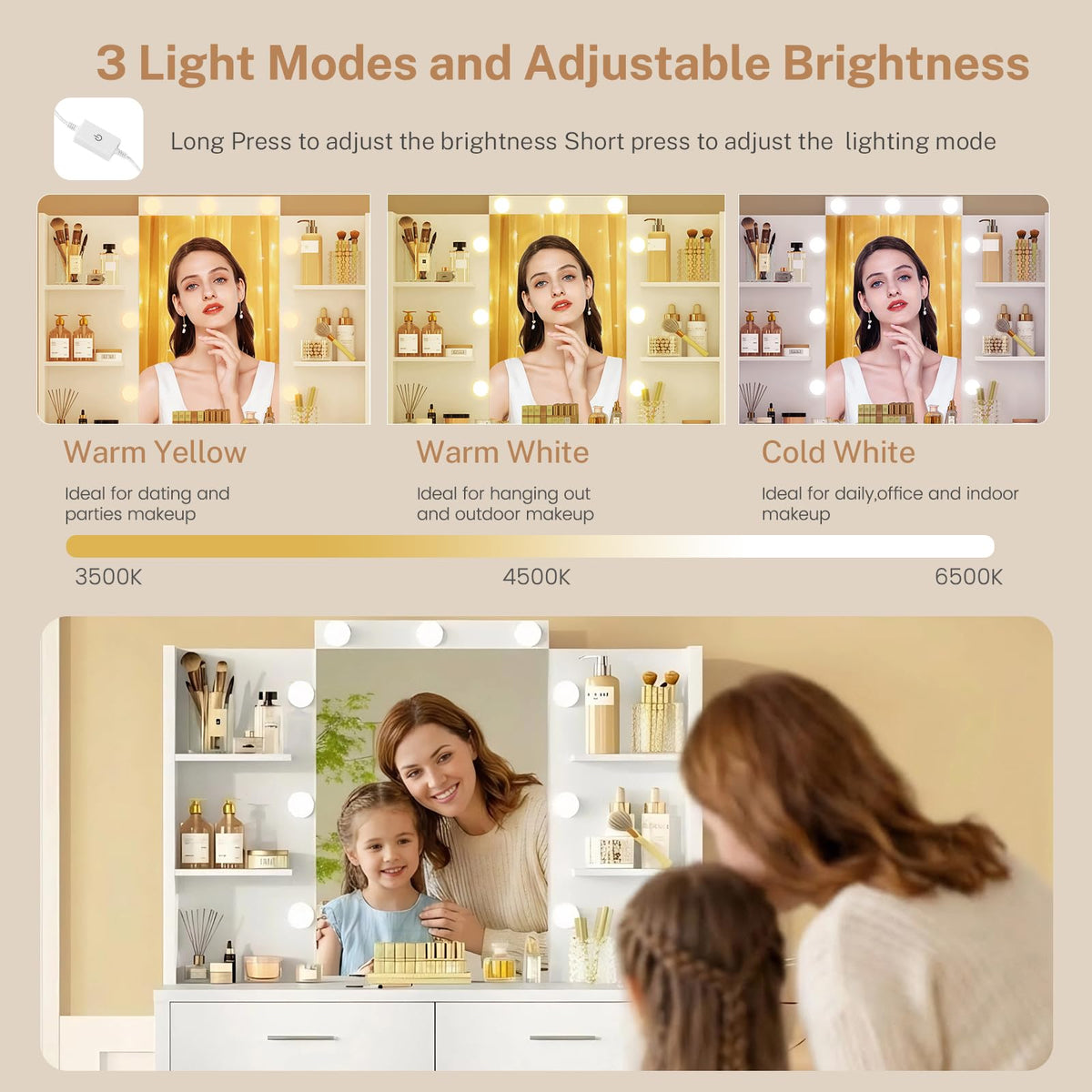 41.3" White Vanity Desk with Mirror and 9 LED Lights T49386