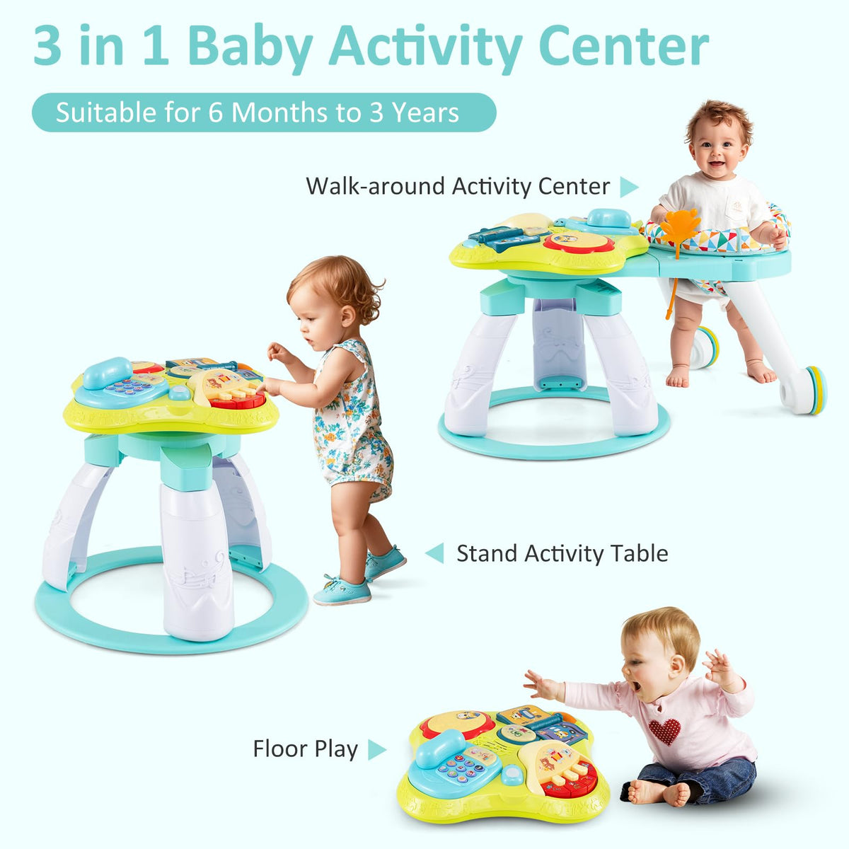 3 in 1 Baby Activity Center Walker with Play Table Green X48451