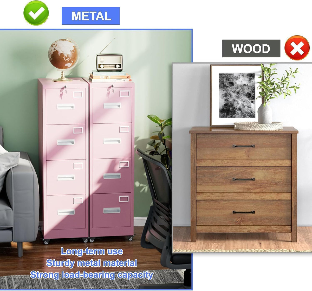 Pink 4-Drawer Metal File Cabinet with Lock and Wheels J4173