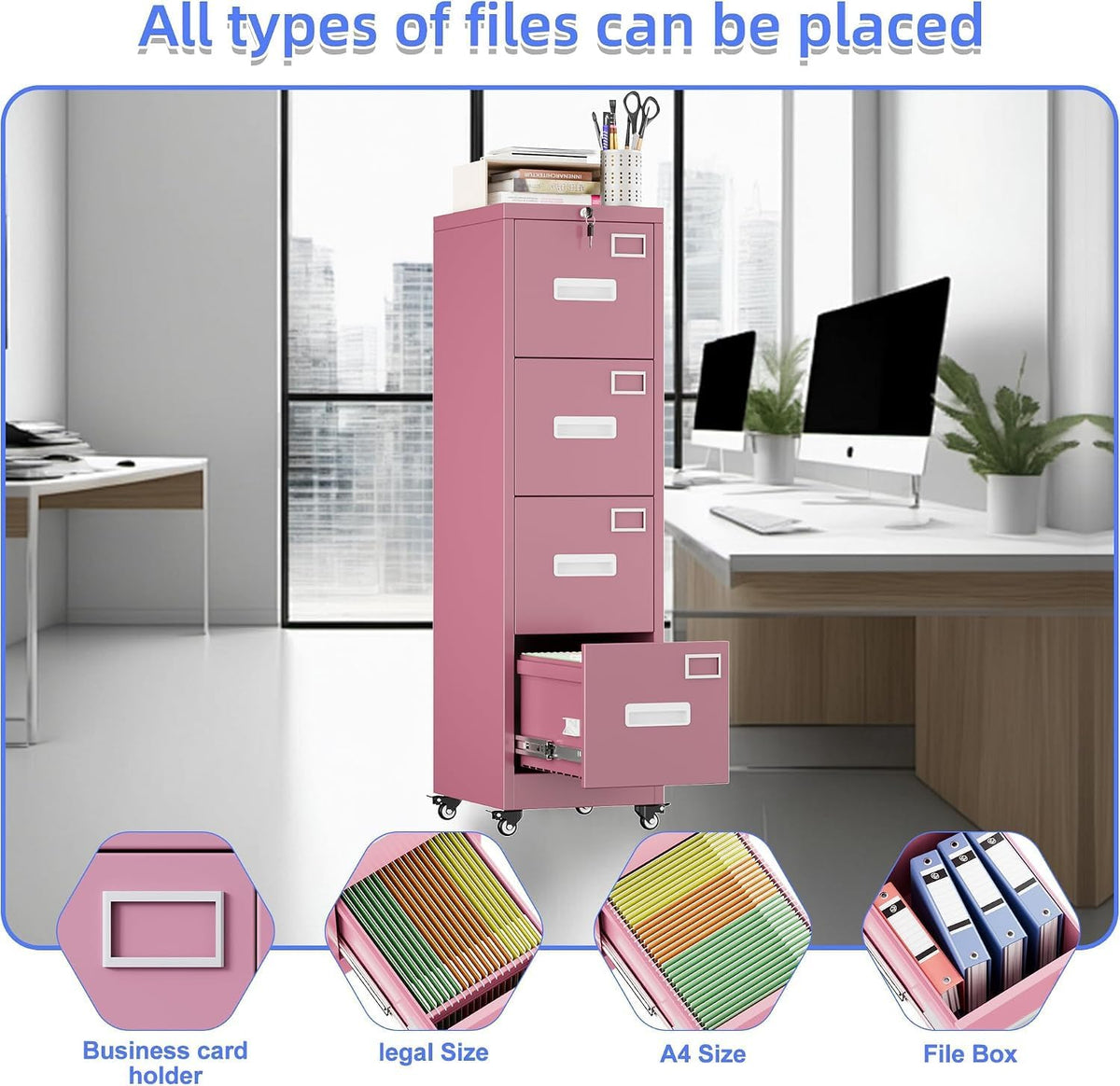 Pink 4-Drawer Metal File Cabinet with Lock and Wheels J4173