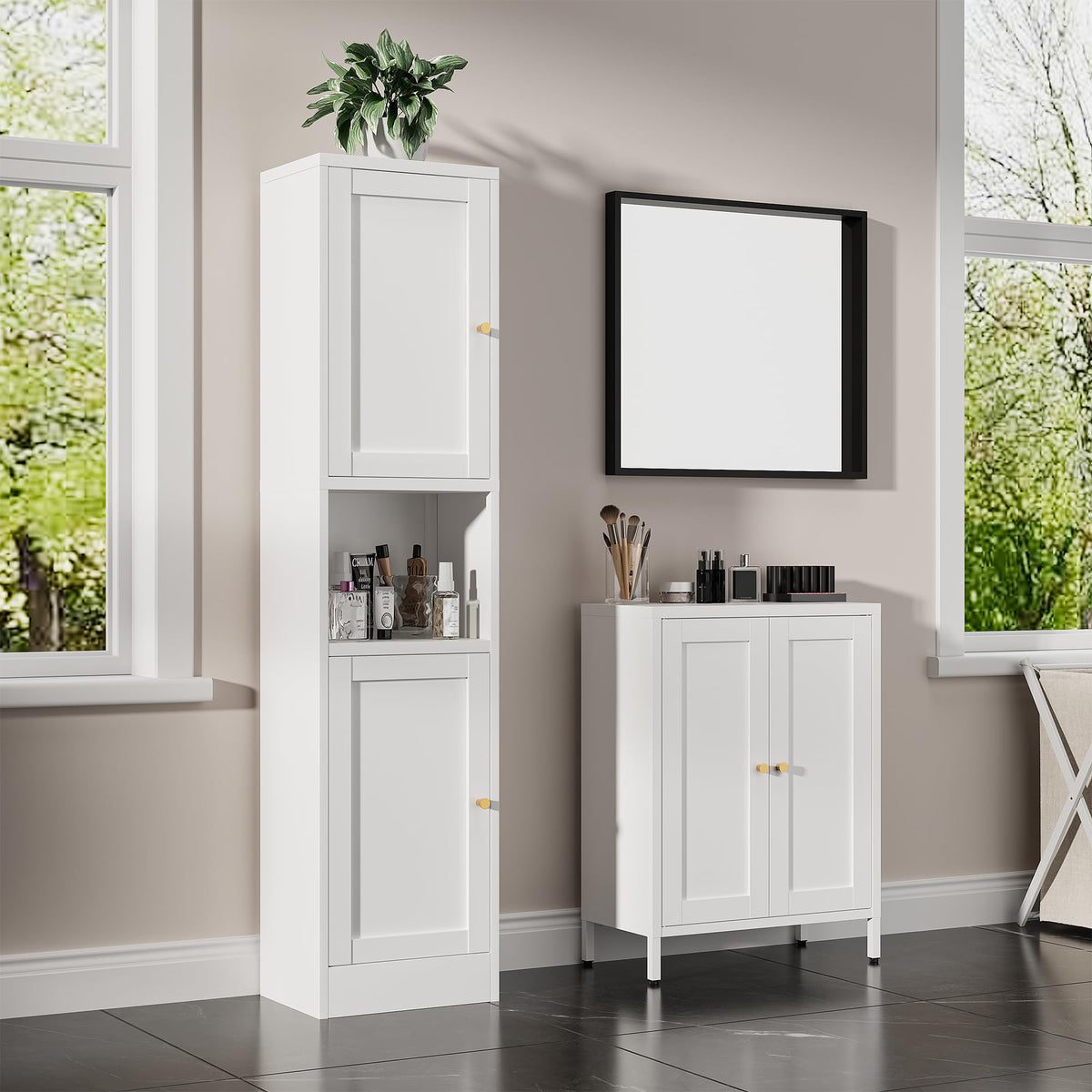 White Metal Bathroom Floor Storage Cabinet with 2 Doors W21109