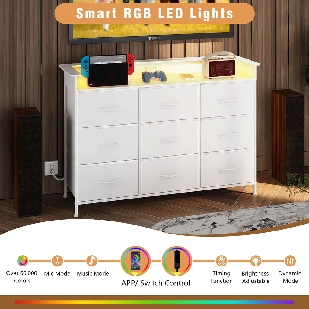 White 9 Drawer Dresser with LED Light and Charging Station O5162
