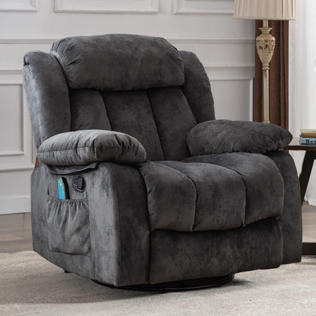 Grey Manual Swivel Rocker Recliner with Heat and Vibration I380557