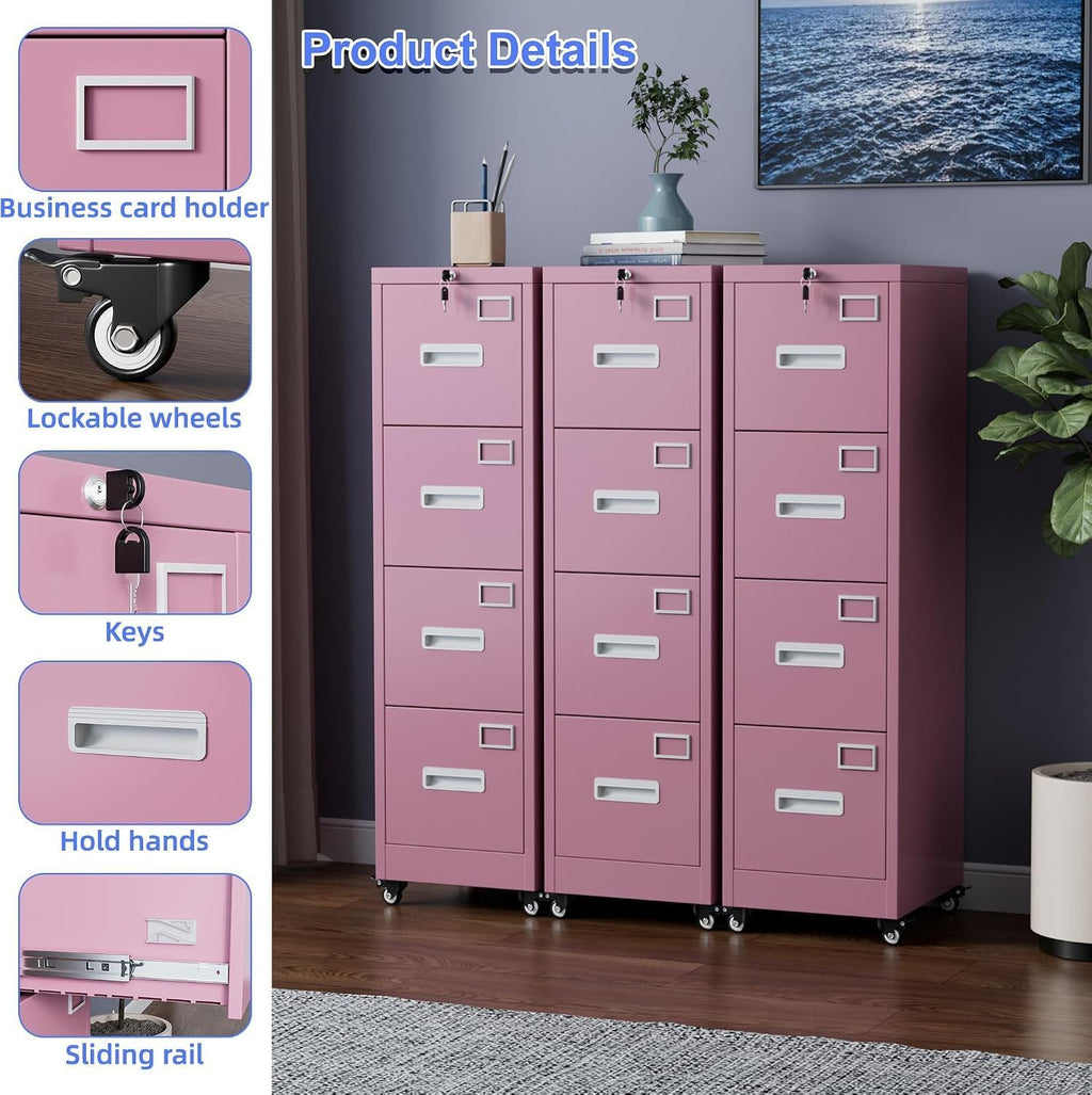 Pink 4-Drawer Metal File Cabinet with Lock and Wheels J4173