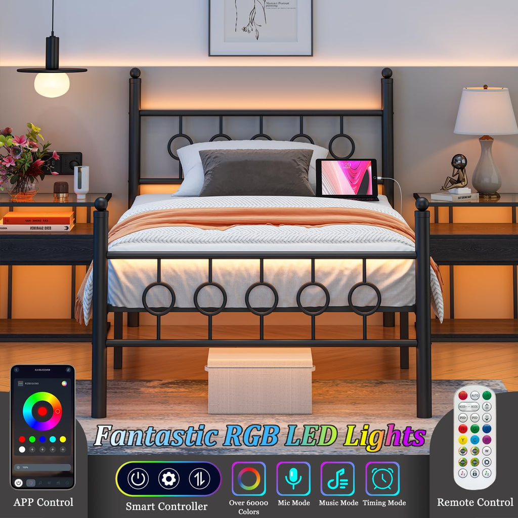 Black Twin Metal Platform Bed Frame with Headboard O374975