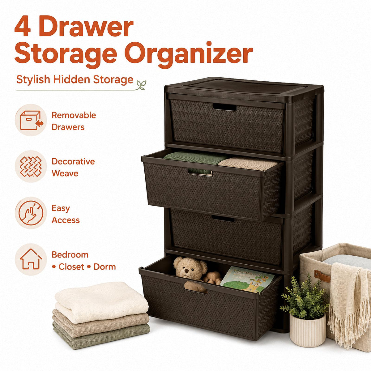 Brown 4 Drawer Plastic Storage Tower M79852
