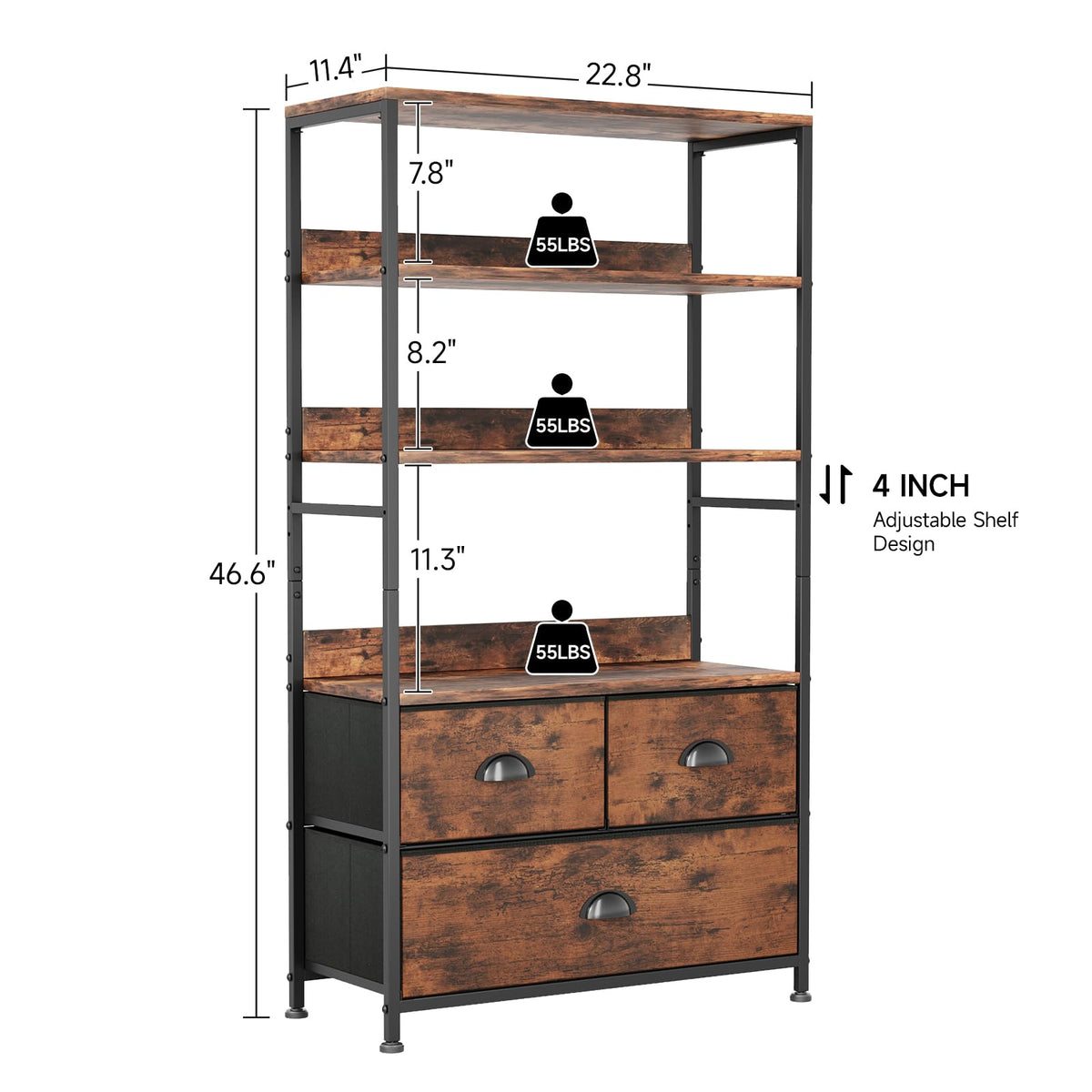 47-Inch 6 Tier Wood and Metal Bookshelf with 3 Fabric Drawers U134