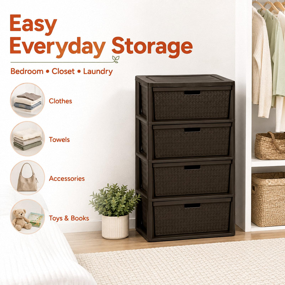 Brown 4 Drawer Plastic Storage Tower M79852