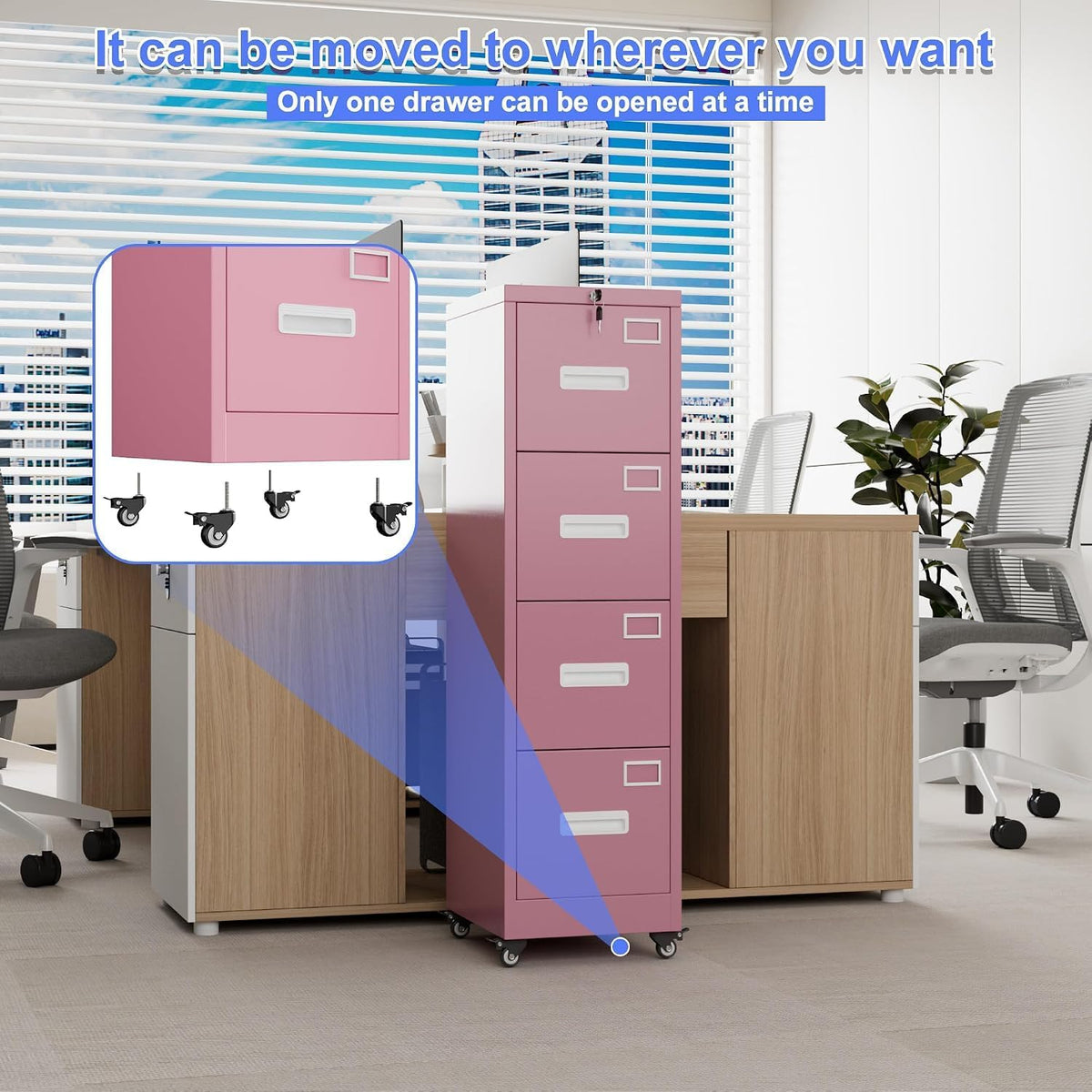 Pink 4-Drawer Metal File Cabinet with Lock and Wheels J4173