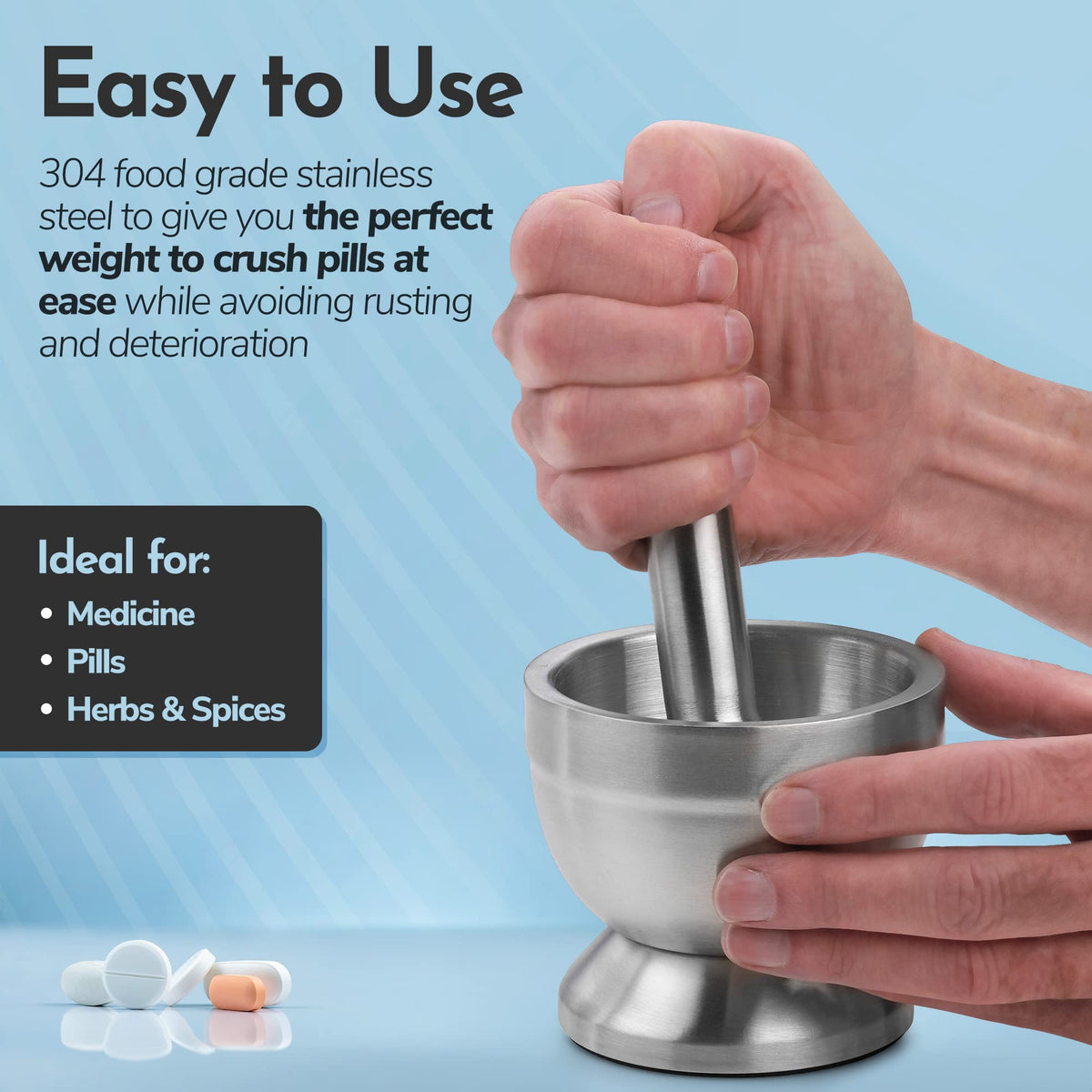 304 Food Grade Stainless Steel Mortar and Pestle Pill Crusher F1500