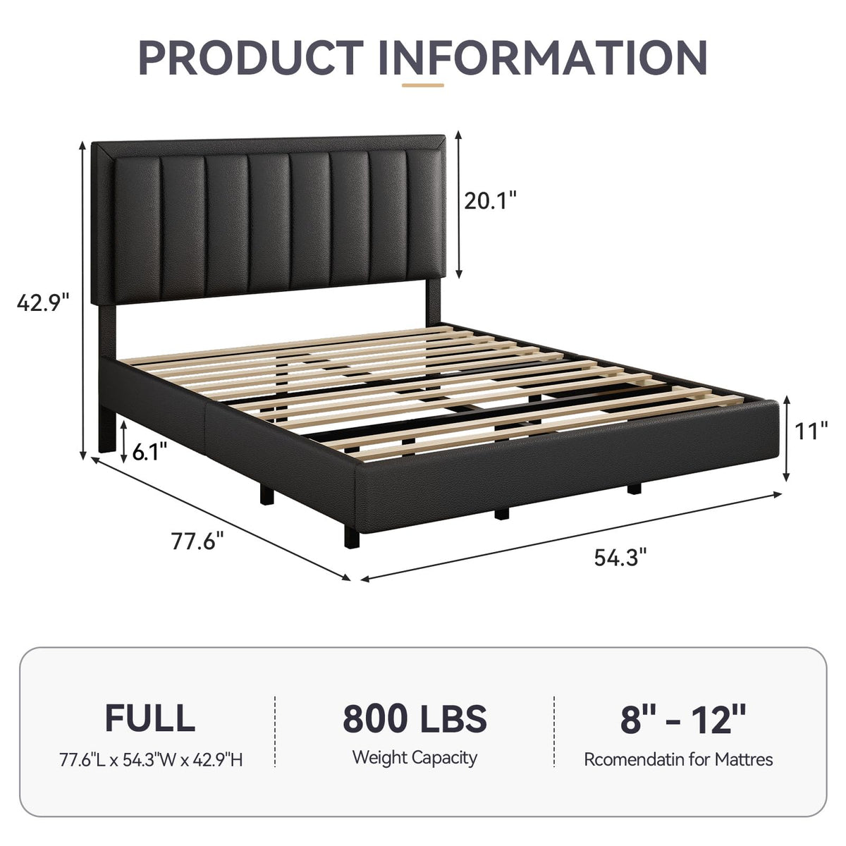 Black Full Size Floating Bed Frame with LED Lights K16713