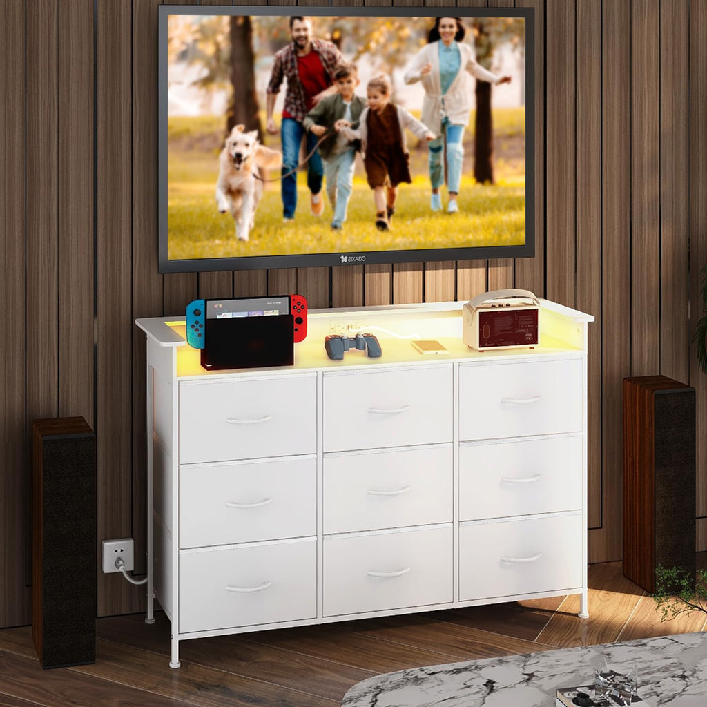White 9 Drawer Dresser with LED Light and Charging Station O5162