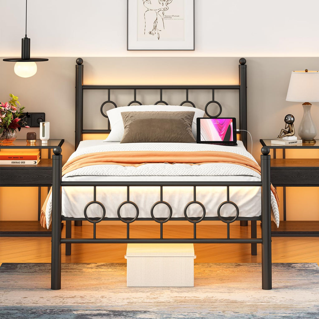 Black Twin Metal Platform Bed Frame with Headboard O374975