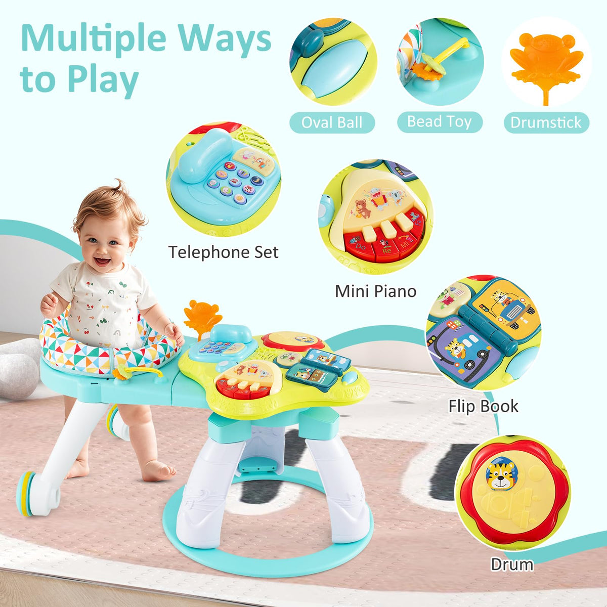 3 in 1 Baby Activity Center Walker with Play Table Green X48451