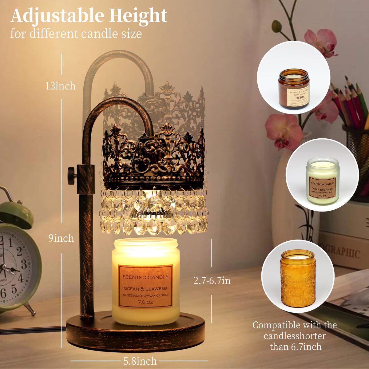 Candle Warmer Lamp with Timer Dimmer Adjustable Height Black Gold Brushed K1777