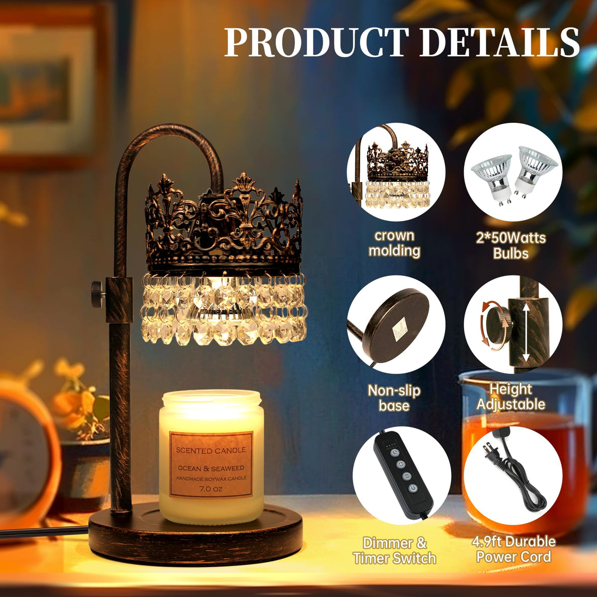 Candle Warmer Lamp with Timer Dimmer Adjustable Height Black Gold Brushed K1777