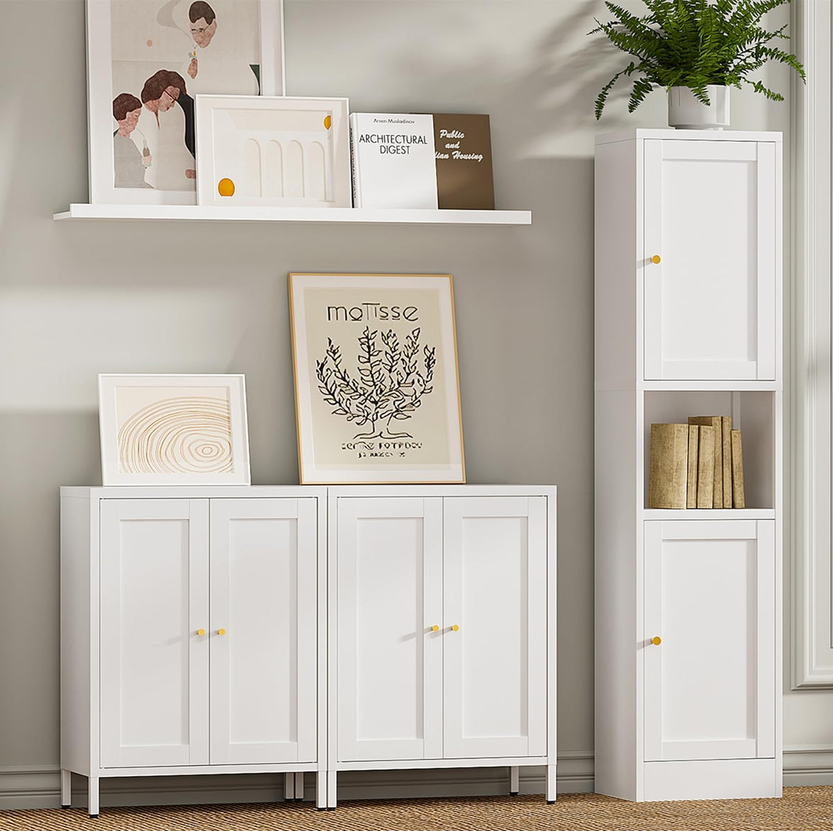White Metal Bathroom Floor Storage Cabinet with 2 Doors W21109