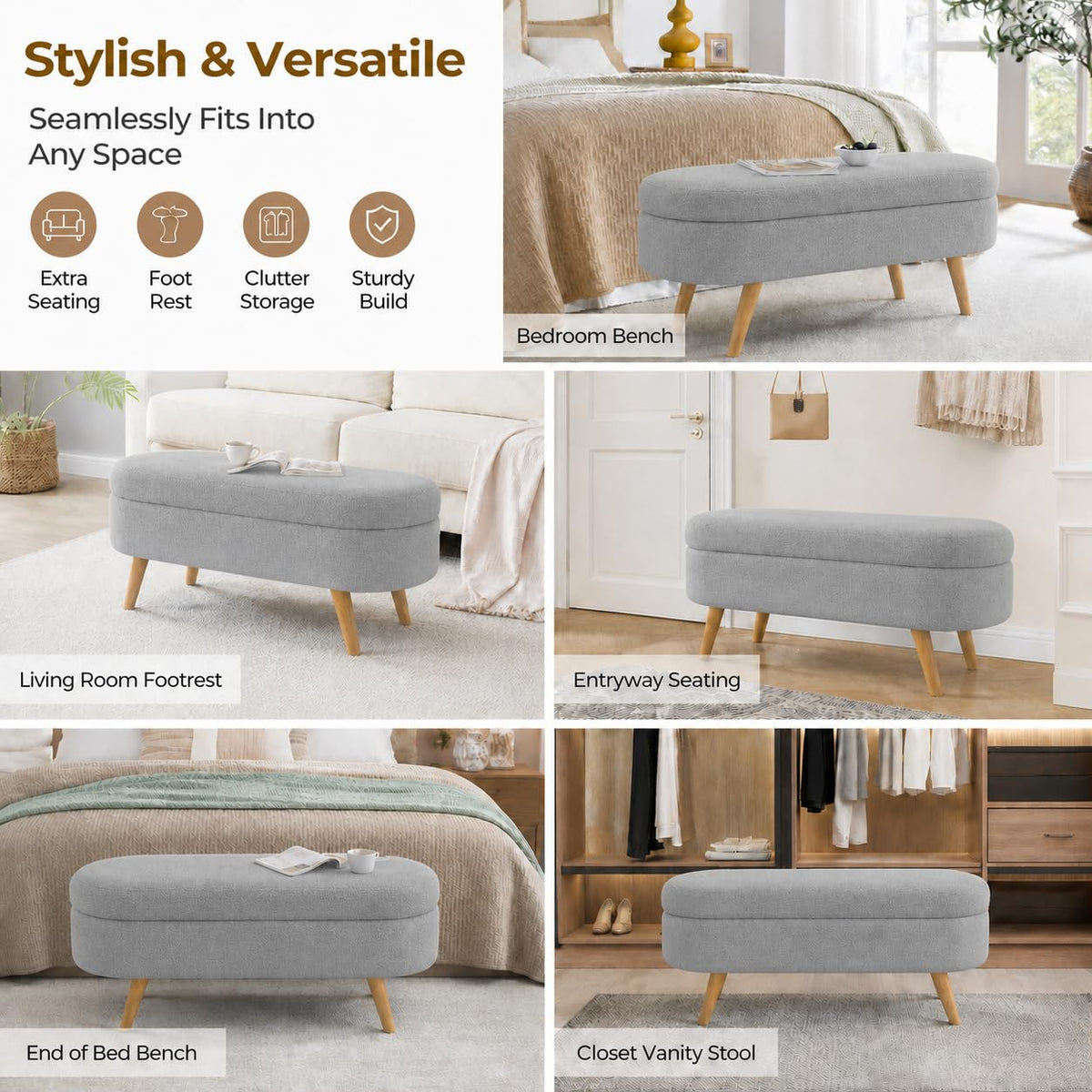Oval Boucle Storage Ottoman with Wooden Legs W515767