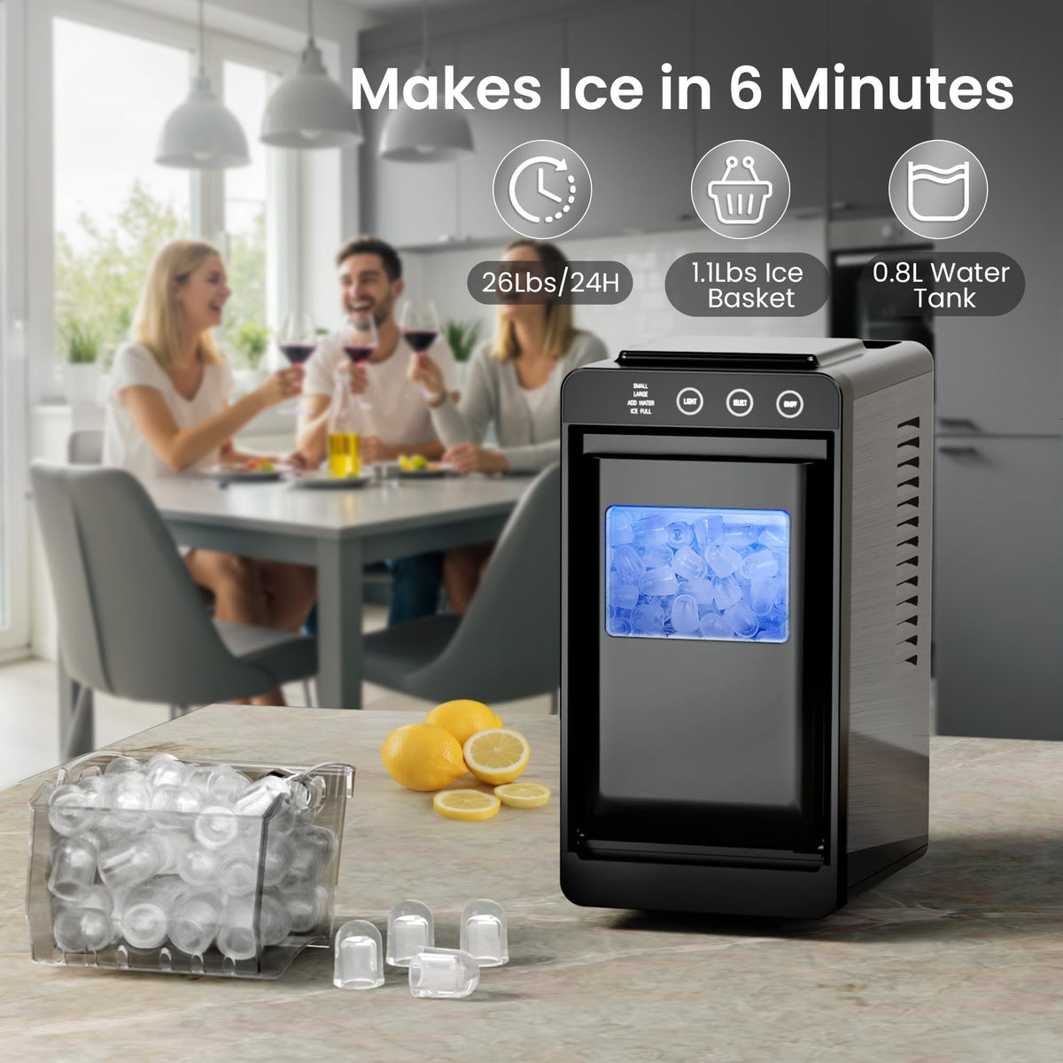 Portable Countertop Ice Maker, 26 lbs/24H, Self-Cleaning, Black S139346