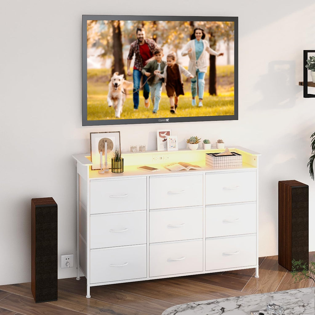 White 9 Drawer Dresser with LED Light and Charging Station O5162
