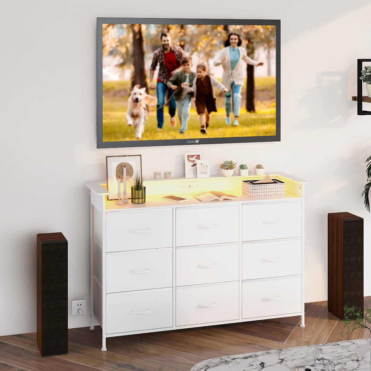 White 9 Drawer Dresser with LED Light and Charging Station O5162