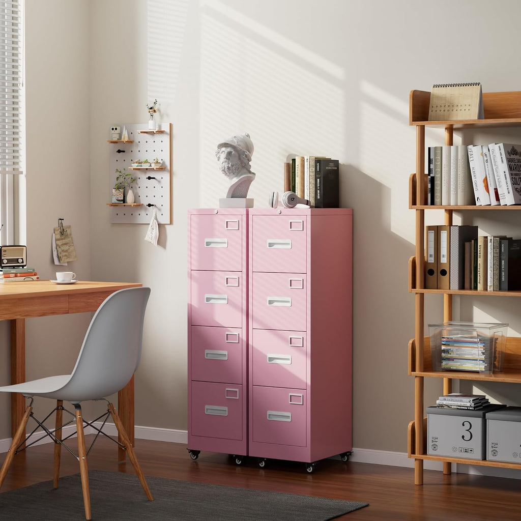 Pink 4-Drawer Metal File Cabinet with Lock and Wheels J4173