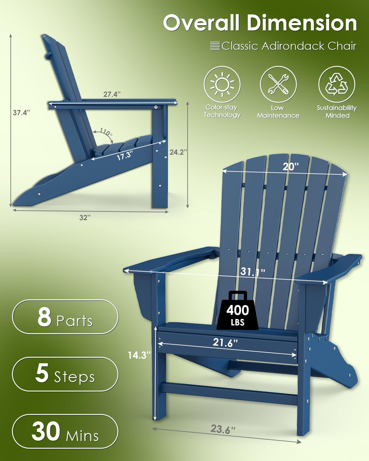 Oversized Adirondack Chairs Set of 2 HDPE All Weather Blue Z2753