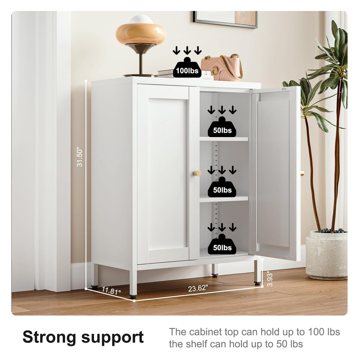 White Metal Bathroom Floor Storage Cabinet with 2 Doors W21109