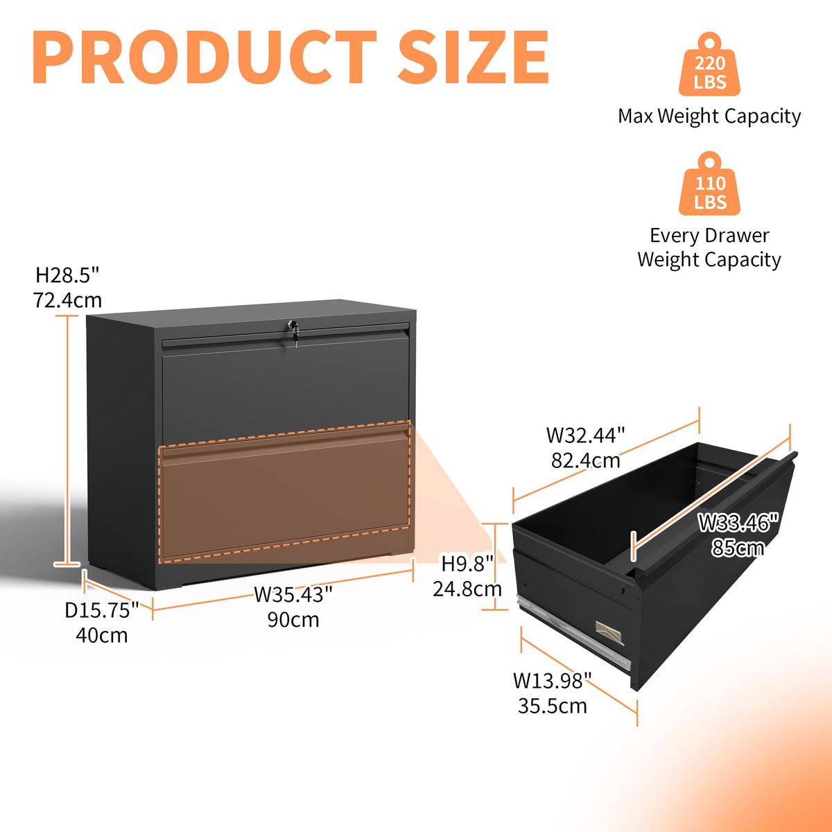 2 Drawer Black Metal File Cabinet with Lock X1410