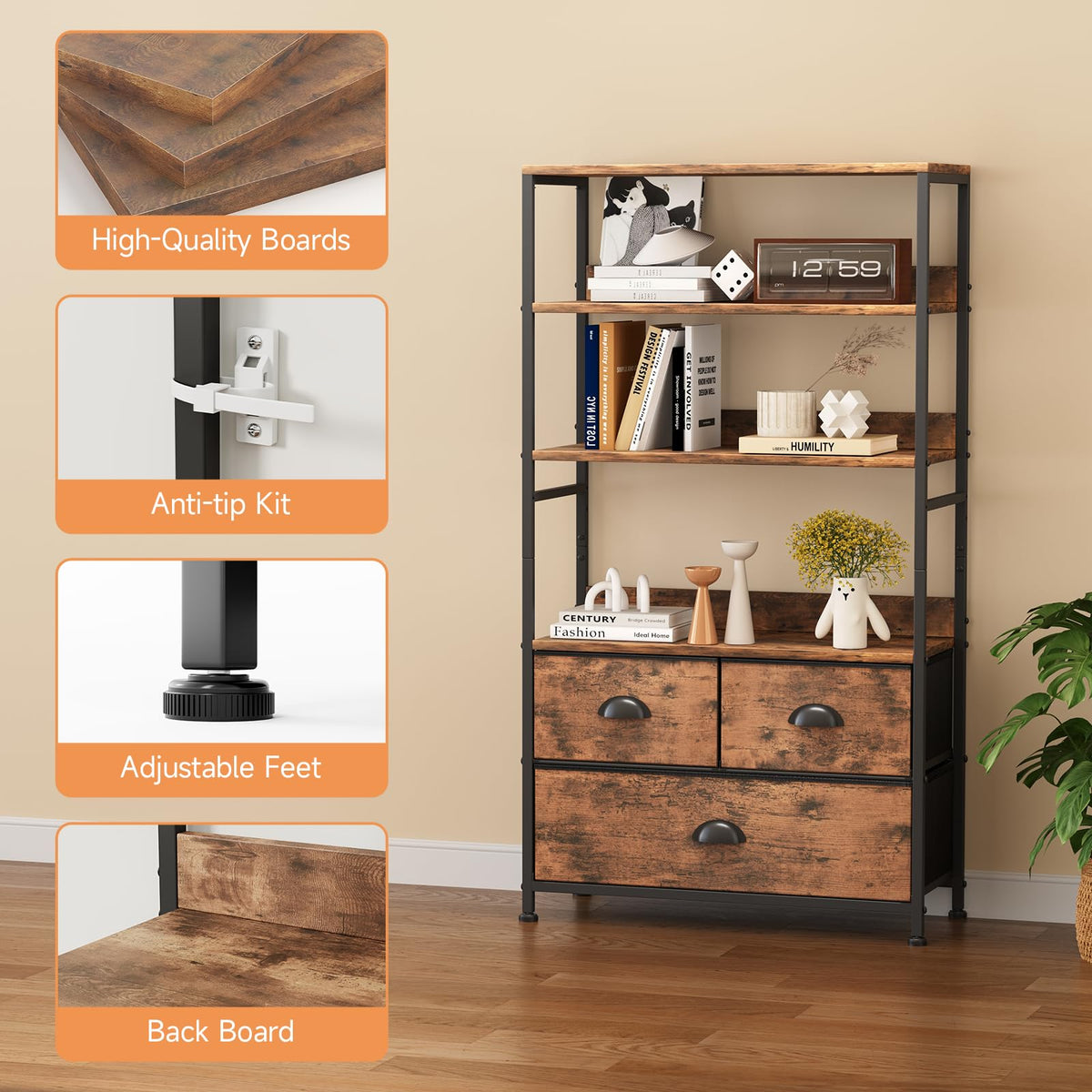 47-Inch 6 Tier Wood and Metal Bookshelf with 3 Fabric Drawers U134